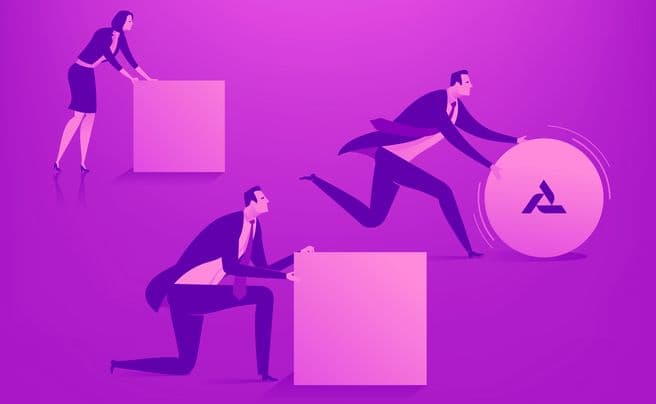 Graphic of business professionals pushing boxes with one businessman pushing a wheel with the help of AI-driven contract insights