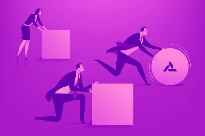 Graphic of business professionals pushing boxes with one businessman pushing a wheel with the help of AI-driven contract insights