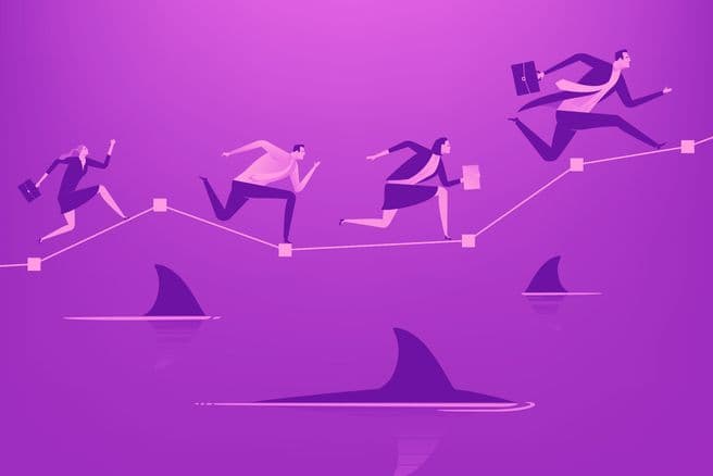 Cartoon graphic of business professionals using AI in supplier risk management surrounded by sharks